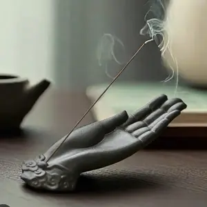 Zen Buddha Hand Incense Holder with Natural Wooden Accents and Simple Design Metal