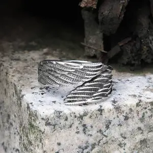 GTHIC Vintage Angel Wing Stainless Steel Open Ring for Men and Women Fashion Accessory Daily Wear
