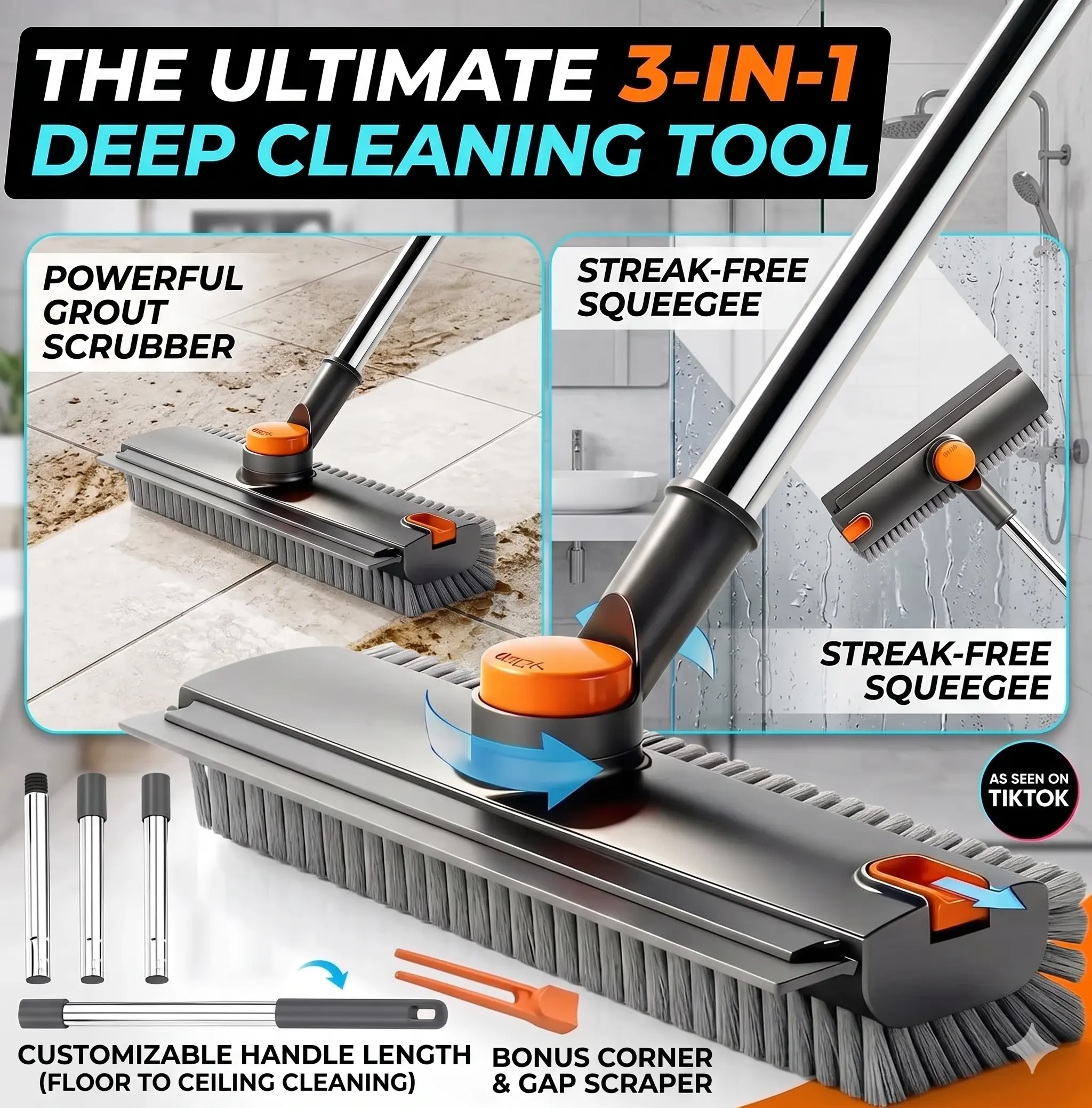 3-in-1 Floor Scrub Brush with Long Handle | Push Broom & Rubber Squeegee | Stiff Bristle Floor Cleaner for Pet Hair, Dust & Wet Messes | Adjustable Cleaning Brush for Bathroom, Kitchen, Tile, Garage, Patio &Outdoor Floors essential home Home Care Supplies