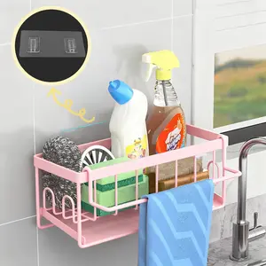 1pc Pink Sponge Holder for Sink, Sink Caddy with Hook for Rag, No Drilling Wall Mount with Adhesive Tape, Pink Kitchen Accessory, Adhesive Shelf Organizers, Cleaning Organizer