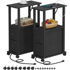 Small Narrow End Tables, Side Tables with 2 Fabric Drawers, Set of 2, Bedside Tables with  Station for Small Spaces, Slim Nightstands with USB Ports and Wheels, TB01BK053