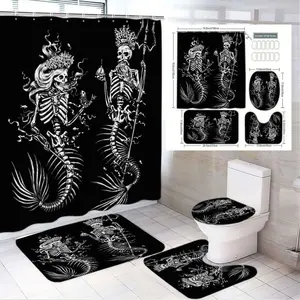 1/4pcs Gothic Black & White Skeletal Mermaid Bathroom Set, Shower Curtain Sets, Shower Curtain + Bath Mat + Toilet Seat Cover + Rug, Halloween Dark Macabre Bathroom Decor with Skeleton Mermaid Motif (Long Hair, Crown, Trident)