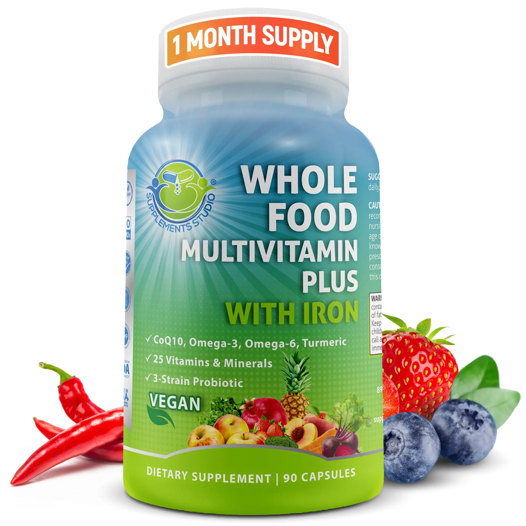 SUPPLEMENTS STUDIO Whole Food Multivitamin with Iron for Women & Men - Vegan Multivitamin with Methylated B Vitamins, Probiotics, Made with Fruits & Vegetables - Supports Energy & Gut Health - Easy to Swallow