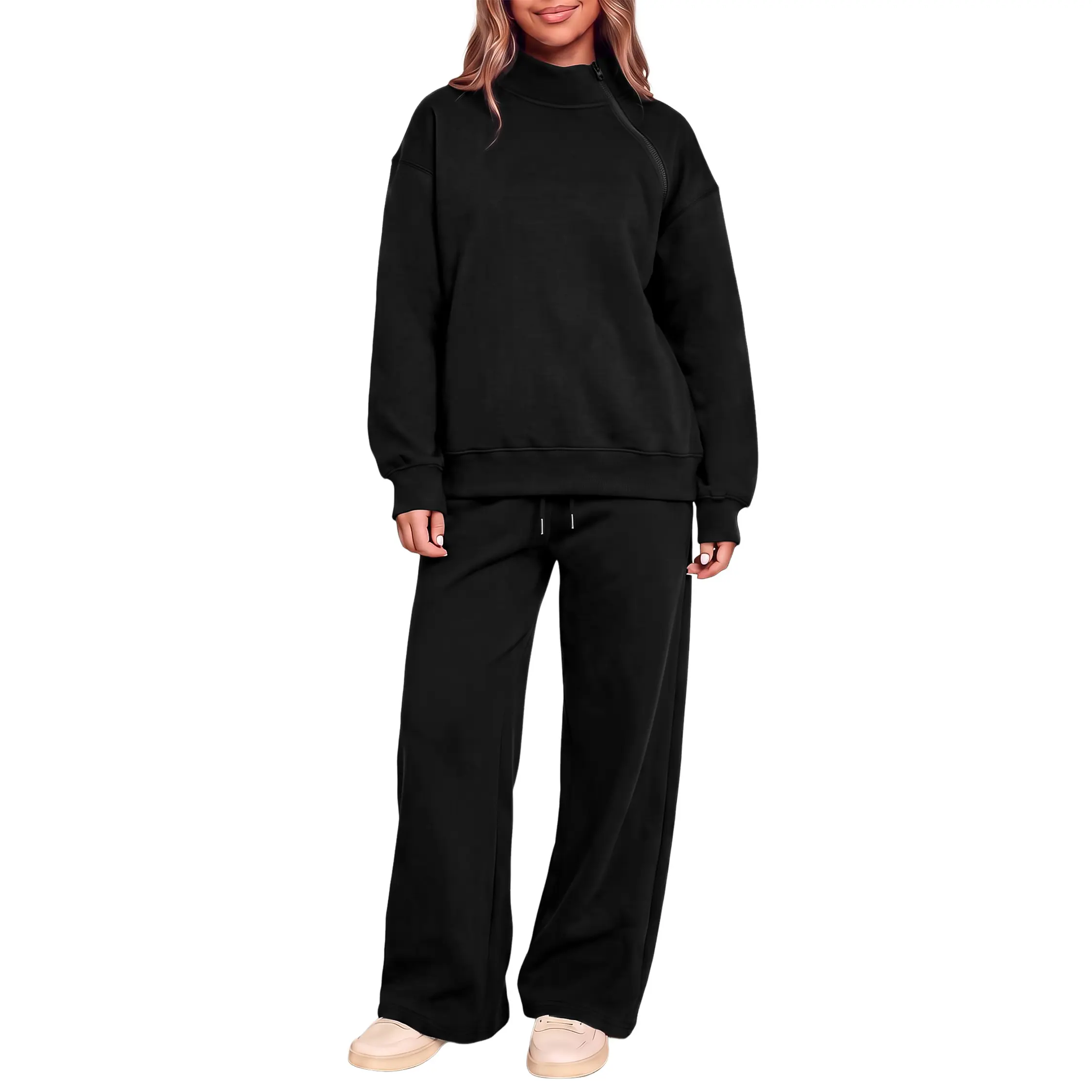 Aleumdr Women's 2-Piece Loose-Fit Thermal Layer Sports Wear Set, Stand Neck Zipper Long Sleeve Top + Baggy Straight Leg Pants, Baggy Sweat Pants & Top Sets for Casual Activity, Top + Pants