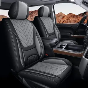 For Chevy Chevrolet Silverado Seat Covers 2007-2025 2026 & Gmc Sierra 1500 2500hd 3500hd Crew Cab Leather Seat Protectors with Lumbar Support(5 Seats,Black&Grey)