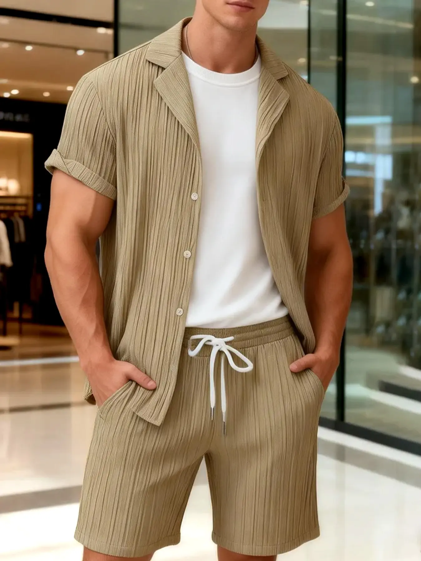 Men's Khaki Textured 2-Piece Outdoor Set - Short Sleeve Camp Collar Shirt & Matching Drawstring Shorts, Breathable Lightweight Fabric, Loose Fit for Hiking, Beach Days & Summer Outdoor Activities