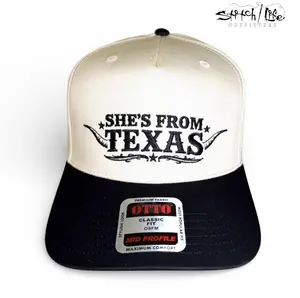 She's From Texas Hat - OTTO 5 Panel Mid Profile Baseball Cap Style 31-069 Cotton Blend Twill Bold Western Embroidered Design Adjustable Snapback Closure