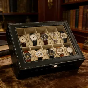 Luxury 10 Slot Watch Display Organizer Box with Secure Lock and Removable Pillows, Faux Leather Portable Watch Collector Case for Men, Ideal for Business Gifts and Travel Storage