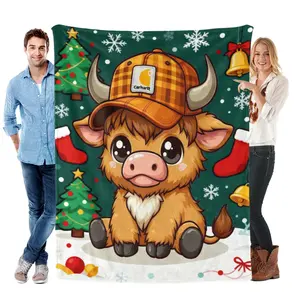 A lovely Highland cow pattern blanket for Christmas, a soft and comfortable throw blanket, suitable for use in home offices, travel, camping, air-conditioned rooms, and for warm naps. Made in the USA. Perfect for holiday gatherings and as a gift.