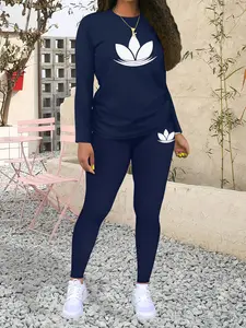 Clover Pattern Print Casual Sportswear Set, Fashionable Long Sleeve Top + Tight Pants, Women's Regular Fit Two-Piece