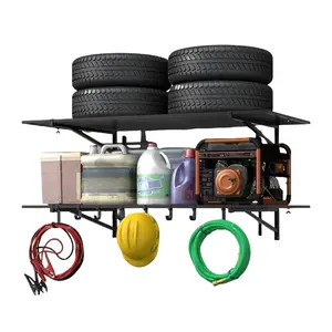 Garvee 2 Pack Heavy Duty Garage Wall Shelves, 2x4 ft Wall Mount Storage Rack with Hooks, Garage Organization System, Car Shelving for Shop, Each Shelf Holds 200 LBS