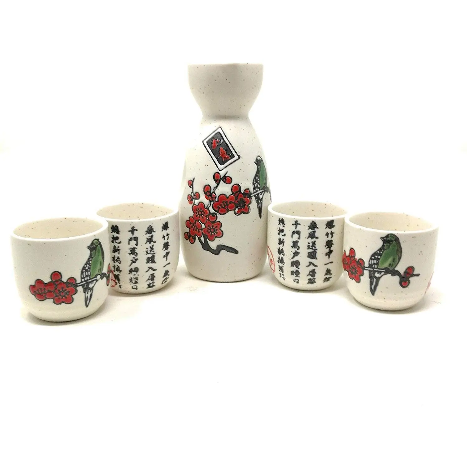Thy Home 5-Piece (6oz) Traditional Ceramic Sake Utensil Set - Durable Kitchenware Bar Set with 1 Tokkuri Bottle, 4 Ochoko Cups, Cherry Blossom,Bird,Calligraphy Designs, Gift-Ready for Birthday,Housewarming,Father's Day Gift Ideas, Birthday Gift Ideas