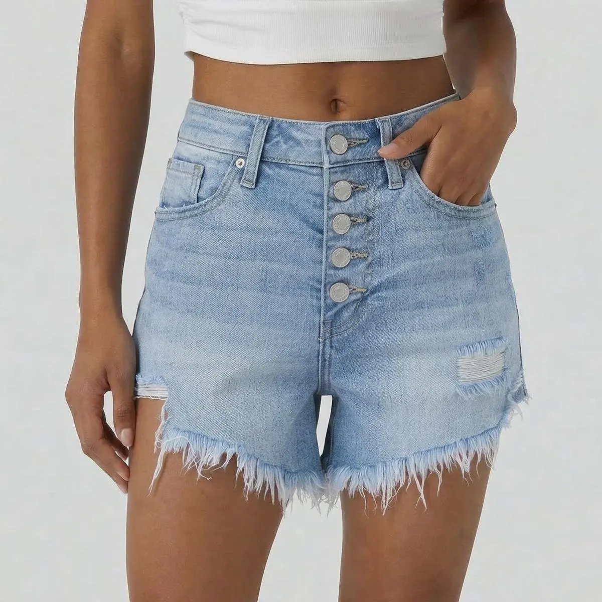 BlueMoment Women’s Y2K Ripped Denim Shorts, Mid-High Rise High Stretch Button Fly Jean Shorts with Frayed Hem, Snatched Fit for Summer