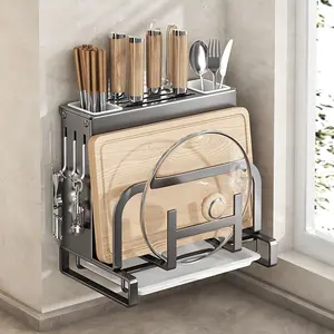 Multifunctional Kitchen Organizer | Wall-Mounted Knife Block, Cutting Board & Pot Lid Holder. No-Drill Installation. Stores Knives, Chopsticks, Spoons & More. Vertical Space-Saving Design for a Tidy Countertop.