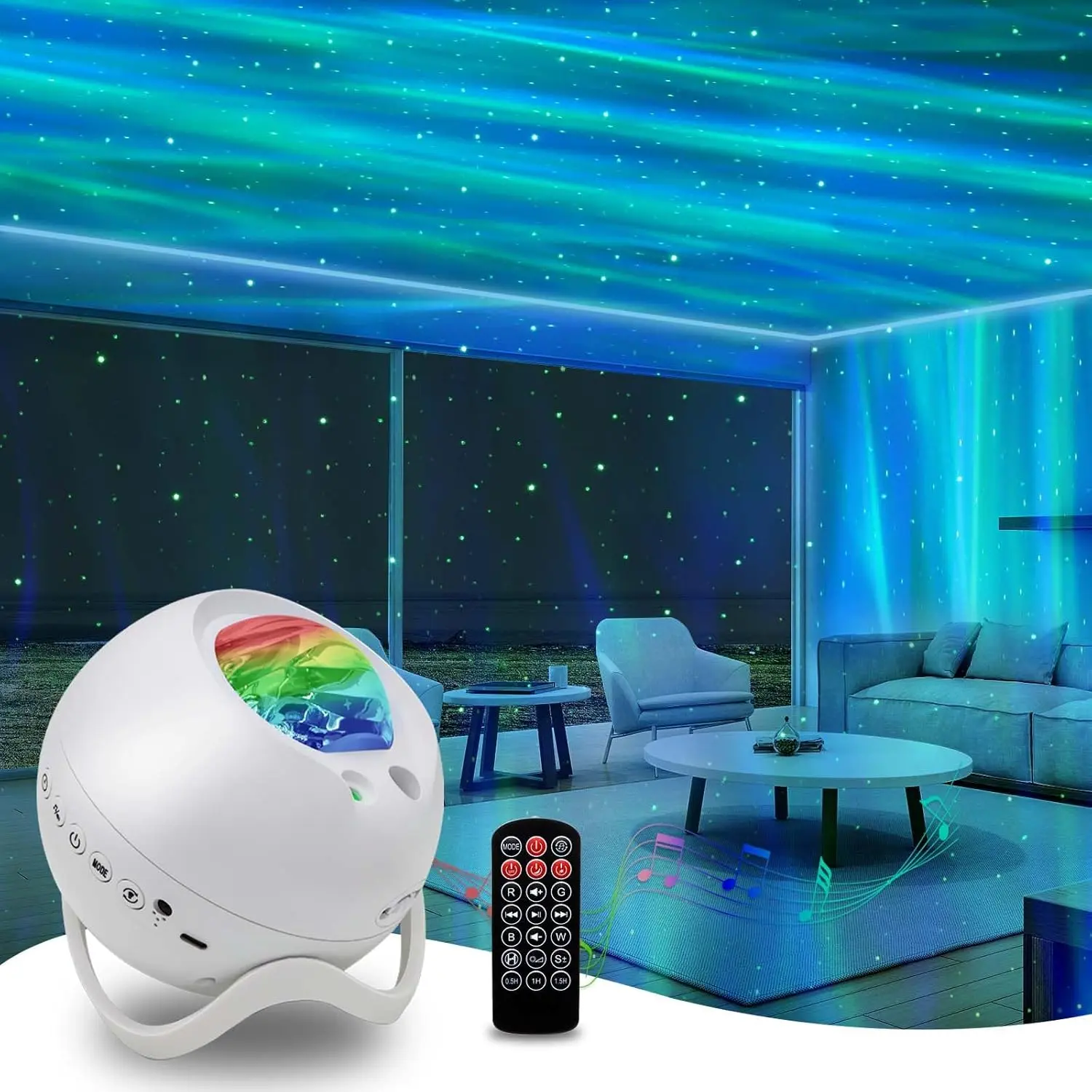 Aurora Galaxy Projector - 4-in-1 Ambient LED Lighting Decorative Atmosphere Lamp with Bluetooth Speaker, Built-in Soothing Sounds, 5 Planet Scene Slides, 360° Adjustable Ceiling Decor, Remote Control, USB Powered, Kids Room LED Decoration Lamp Gifts
