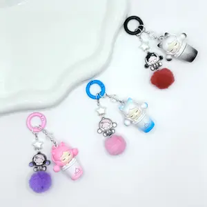 Skull Panda Space Princess Cute Keychain with Colorful Pom Poms and Star Charms- accessories for phone, bag, purse