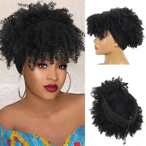 Short Dense Curl Headscarf Wig - Synthetic Fibre Fluffy African Curls - 8-inch High Curls with Headband Scarf One-Piece Wig - Suitable for Women