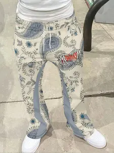 Men's Loose Fit 3D Print Geometric Bell Bottom Pants, Casual Sporty Streetwear, Skull Heart Punk Vintage Long Pants, All Seasons Fashion