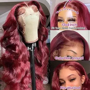 【TIMIA】13*4 Lace Frontal Wig 99J Body Hair, Size 18 20 22 24 26 28 30 32  Inches, Suitable For Women, 100% Human Hair, Smooth And Tangle-Free, Suitable For Halloween And Christmas