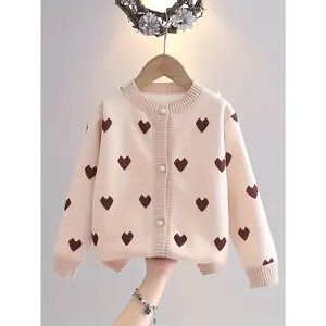 Girls' Cozy Fleece-Lined Cardigan with Heart Pattern - Soft Pink Long Sleeve Sweater Fall & Winter, Casual Round Neck, Machine Washable, Perfect Casual Attire, Cozy Fall Apparel |   Round Neck Sweater |   Fleece Lined Comfort