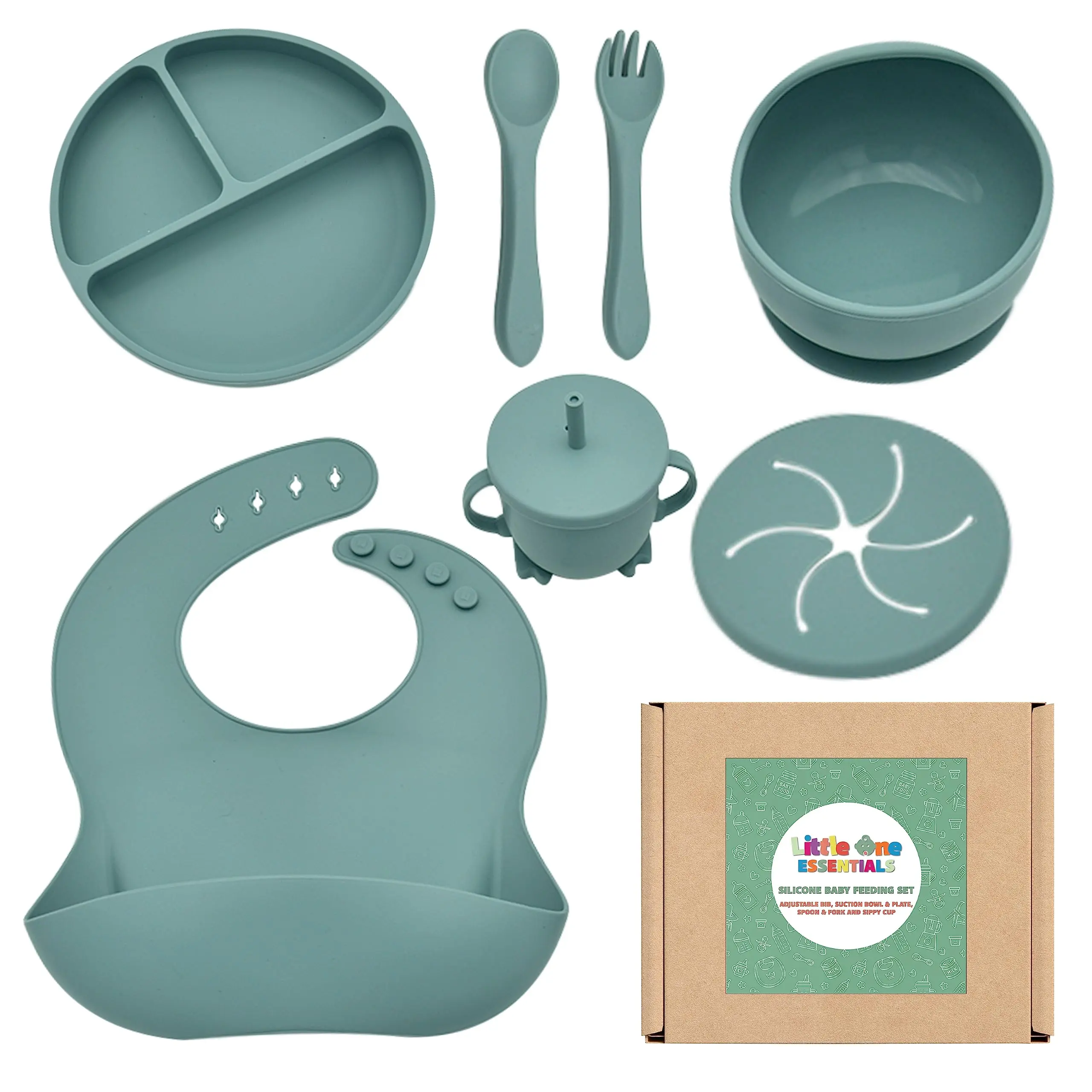 Little One Essentials Silicone Baby Feeding Essentials Set 7 Pack, Feeding Supplies for Toddlers with Suction Plate, Bowl, Bib, Spoon & Fork, Water & Snack Cup, BPA Free - Grey-Blue