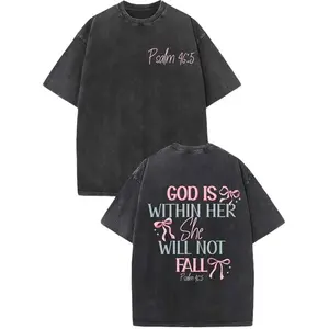 Washed Cotton T-Shirt - Dual-Sided Inspirational Design "GOD IS WITHIN HER SHE WILL NOT FALL" & Psalm 46:5, Retro Vintage Loose Fit Unisex Top for Men & Women, Spring Summer Casual Wear,summervibes