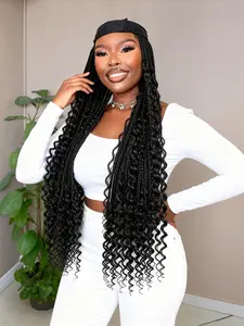 30 Inch Headband Braided Wig with Curly Ends, Adjustable Velcro, Premium Synthetic Hair, Effortless Daily Fashion, Women's Hairstyles, Synthetic Fiber Wig
