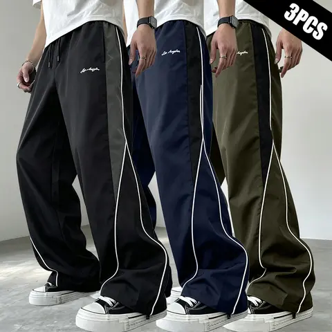 Men’s 3-Pack Color-Block Regular Leg Pants - Elastic Adjustable Drawstring Waist, Everyday, Trendy Sporty Chic, Comfortable Breathable, Machine Washable Street-Style Athletic Casual Trousers, Adjustable Drawstring Men's Pants
