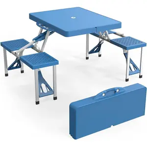 【Summervibes】Ubesgoo 4Ft Portable Folding Picnic Table Camping Table Foldable Set with 4 Seats with Umbrella Hole Suitcase Card Table-220 Lbs Support Aluminum Frame, Plastic RV Tabletop for Yard, Travel