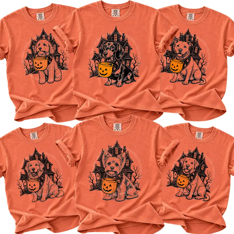 Comfort Colors 50+ Dog Breeds Halloween Shirt, Funny Pumpkin Candy Bucket Dog Tee, Trick or Treat Dog Lover Shirt, Cute Dog Costume Graphic Tee, Unisex Pet Lover Halloween Shirt - AL