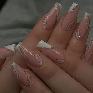 24pcs Blogger Nail Set, Long Trumpet Duckbill Shape, Transparent Nude French Manicure, Easy Peel-On, Nail Art, Nail Tips