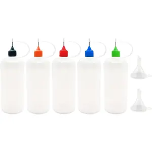 5 count Precision Tip Applicator Bottles, 4 Ounce Translucent Glue Bottles, with 2 Mini Funnel, 5 Color Lid