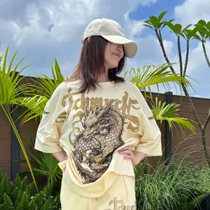 TCH-Rhinestone Dragon Cream Color T-shirt Womenswear Tshirt shirts women women's shirts Streetwear Summer western outfits shirts women