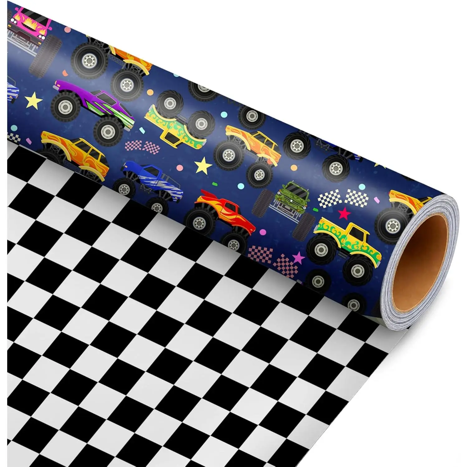 Wrapping Paper Roll - Black & White Checkered Flag with Reverse Design, for Boys' Birthdays & Birthday Gift Boxes, 17 in x 16.5 ft (24 sq. ft) Office Stationery Gift Wrapping Supply, Birthday Gift Box