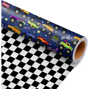 Wrapping Paper Roll - Holiday  Wrap Black & White Checkered Flag  Reverse -  for  and Boys Birthdays  Wrapping - 17 Inches x 16.5  (24 sq. ft)