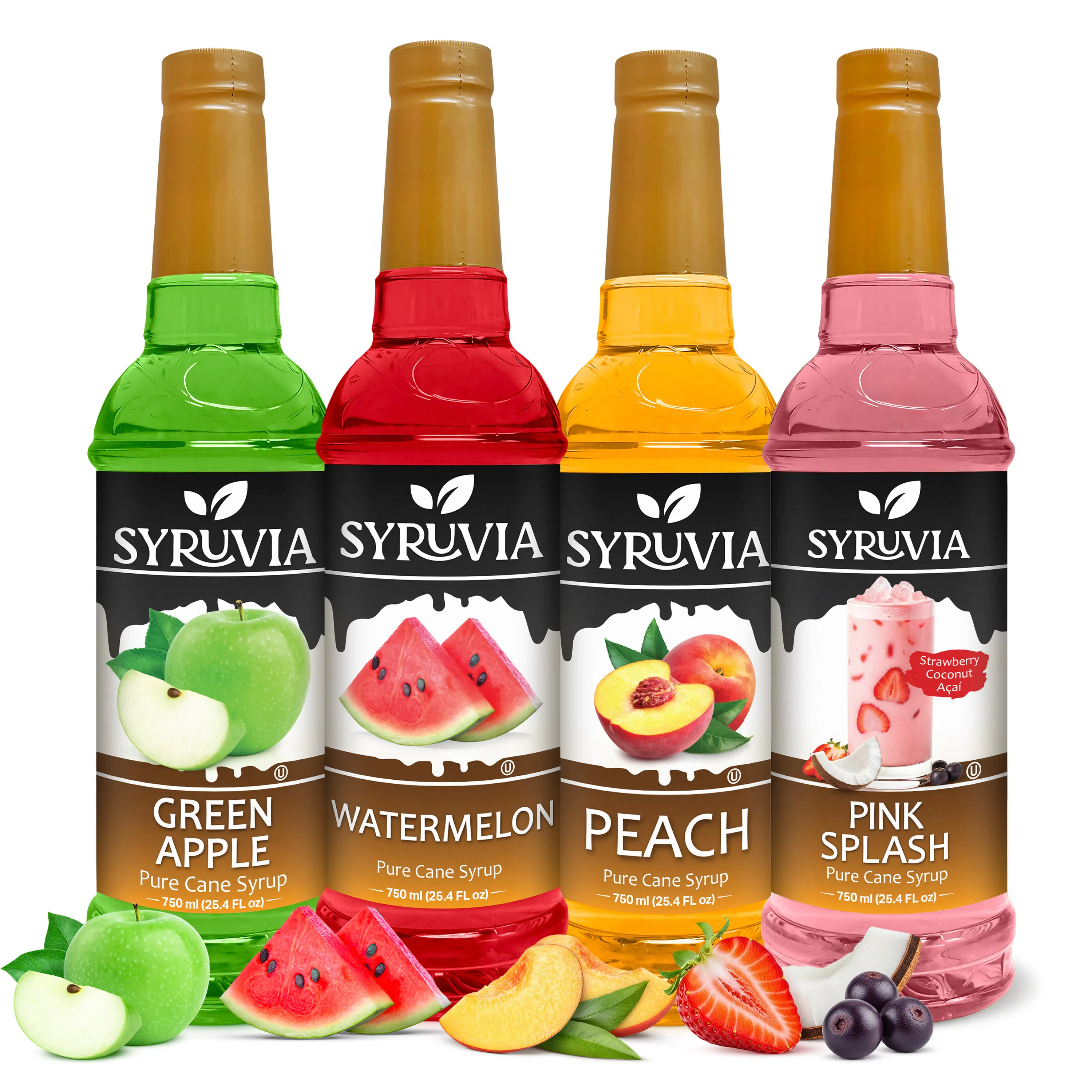 Syruvia Premium Variety Pack – Green Apple, Watermelon, Peach & Pink Splash Flavored Syrup – Perfect for Cocktails, Mocktails, Lemonades & Iced Teas – 25.4 Fl oz Bottles (4 Pack)