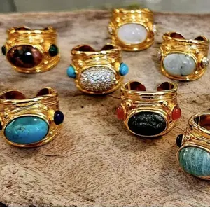 ins fashion light luxury natural stone metal ring, copper gold-plated commuter medieval vintage ring