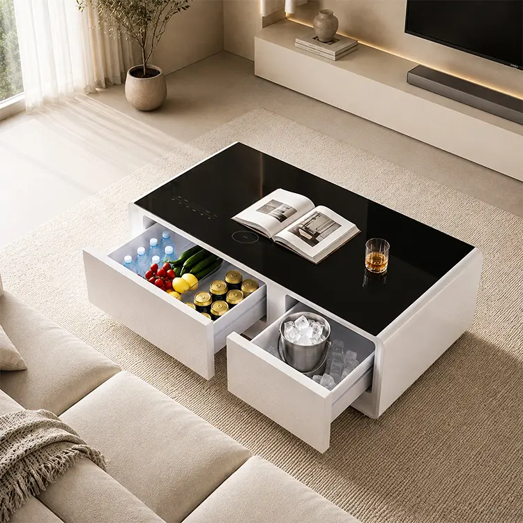 Coffee Table with Refrigerator and Freezer Drawer, Smart Coffee Table with Bluetooth Speaker, USB Charging Ports for Apartment, Minimalist Furniture