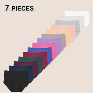 7Pcs Women’s Cotton Panties Solid Color Mid-Waist Briefs High Stretch Breathable Underwear S-2XL