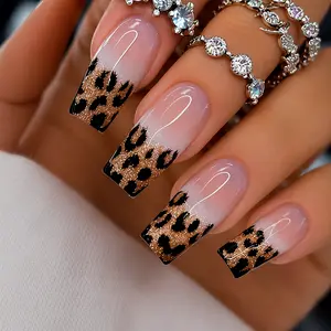 24PCS Leopard French Press-On Nails Coffin Shape – Nude Glossy Acrylic Fake Nails Set, Reusable Glue-On Nail Kit for Women