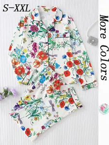 Women's All Over Floral Print Button Front Pocket Shirt & Elastic Waist Pants Pyjama Set, Casual Comfy Two-piece Pj Set, Ladies Sleepwear for All Seasons Pajama Set