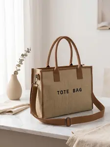 Large Jute Tote Bag with Detachable Adjustable Strap, Reusable Women's Crossbody Handbag, Multi-Purpose Canvas Shopping Bag, Beach Bag, Shoulder Tote Bag