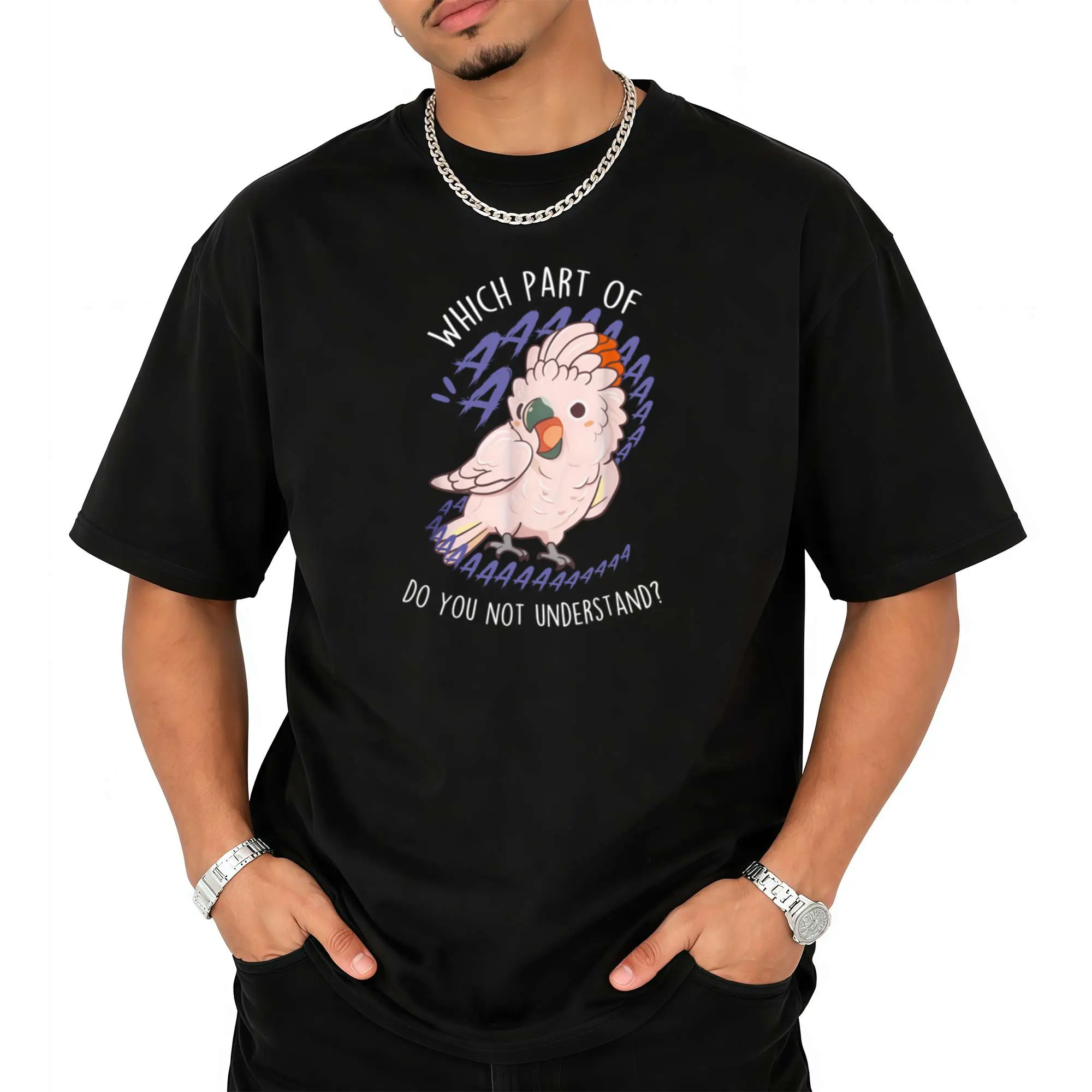 Humorous Graphic Tee Moluccan Cockatoo Parrot Shirt Comfortable Tshirt for Men Unisex And Teens Suitable for Daily Wear Special Occasions Machine Washable Crewneck Top Retro Casual Short-Sleeved T-Shirt with a Round Neck