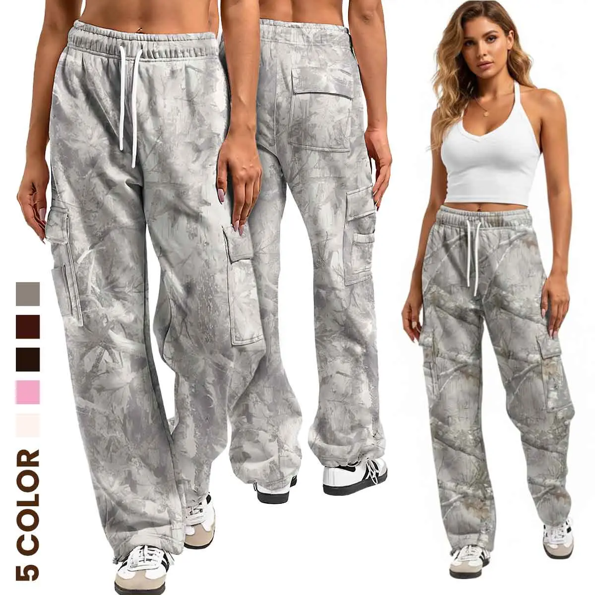 Feritto Women’s Camo Loose Wide-Leg Joggers - Soft Fabric Bottoms, Streetwear Style Pants with Rear Pocket, Cozy Fit, Perfect Holiday Gift for Her
