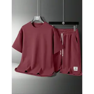 Men's Solid Short Sleeve Tee & Drawstring Waist Shorts Set, Regular Fit Casual Round Neck T-shirt & Track Shorts, Men's Summer Clothes