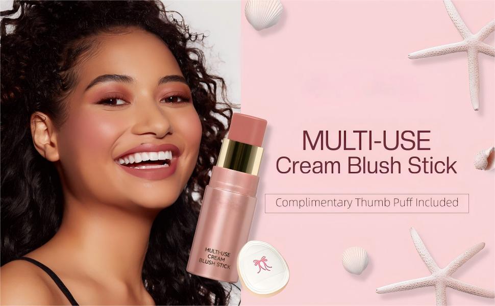 Multi-Use Waterproof Makeup Cream Blush Stick with Brush, 3-in-1 Buildable Blush Stick for Cheeks, Eyes, and Lips, All day wear, Easy Application