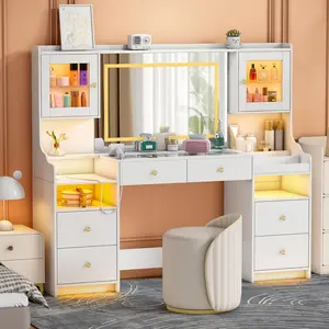 62" Large White Vanity Desk with Power Outlet, Makeup Vanity with Mirror and LED Lights, One Piece Controls 3 Lighting Modes, 4 Drawers Vanity with 2 Cabinets and Glass Top for Women, Girls, room vanity