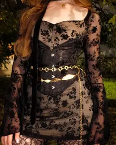 RETRO STAGE Women's 1950s Black Floral Lace Fabric Formal Dress - Long Bishop Sleeves with Bishop Cuffs, Above-Knee Lady's Formal Wear for Parties