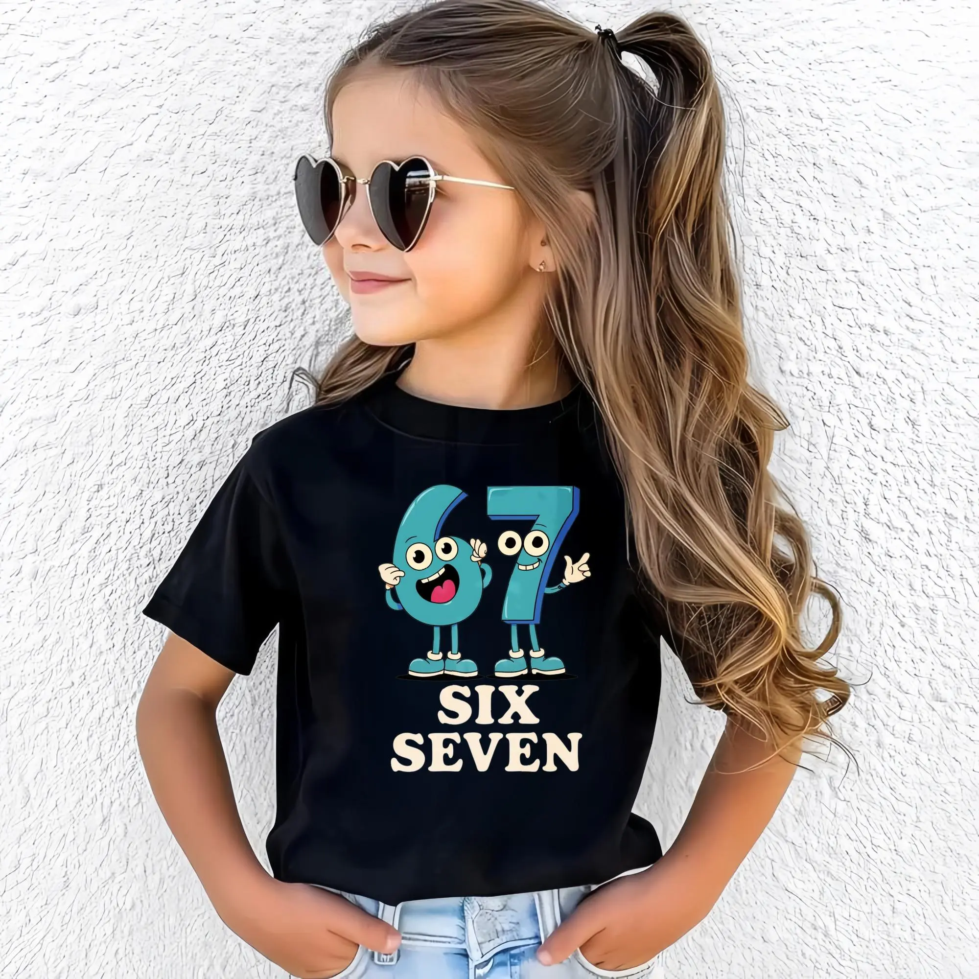 Kids' 67 Numbers Cartoon Print Tee, Boys' Country Style Clothing, Cute Graphic School Tops for Teens