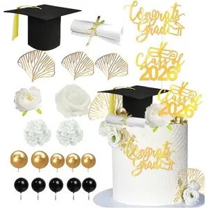 Graduation Cake Topper Set with Flower Grad Hat, Class of 2026 Cake Decor for Graduates Graduation Party
